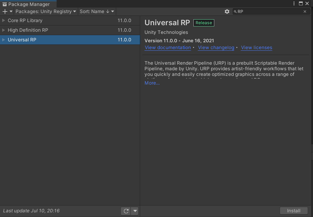 Install URP using package manager