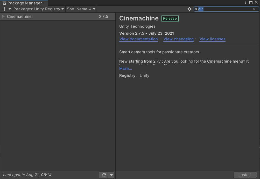 install Cinemachine suing package manager.