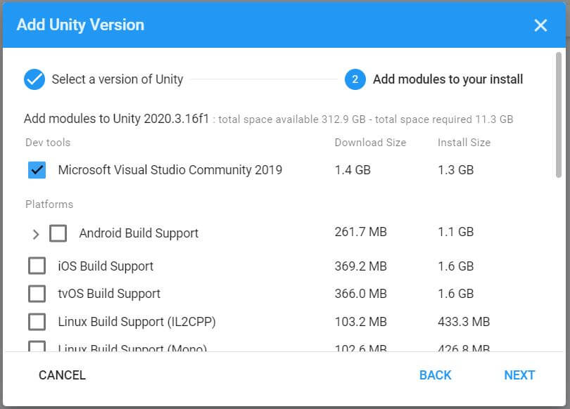 Selecting modules in Unity installation process