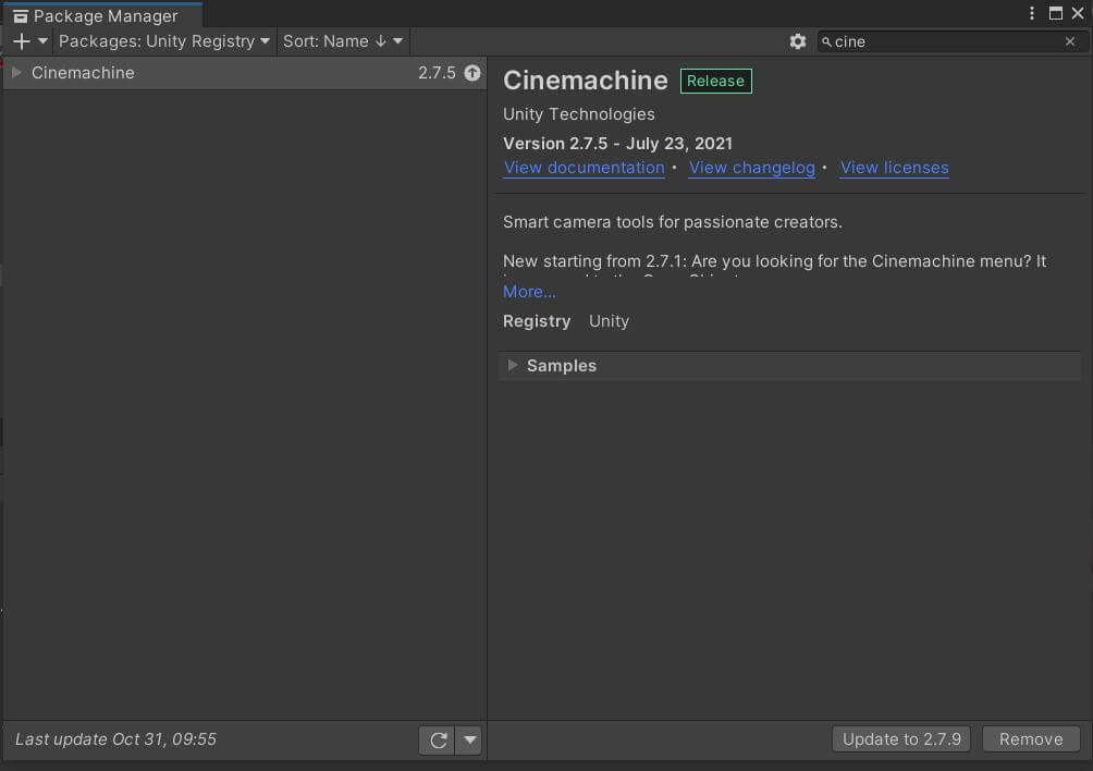 Installing Cinemachine using Unity Package Manager