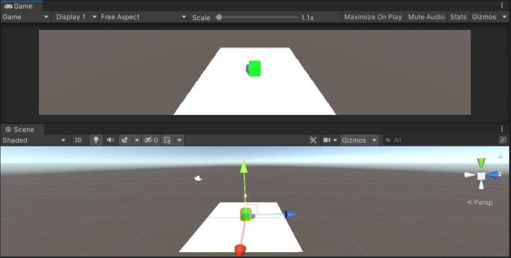 Game and scene view of the default cube.