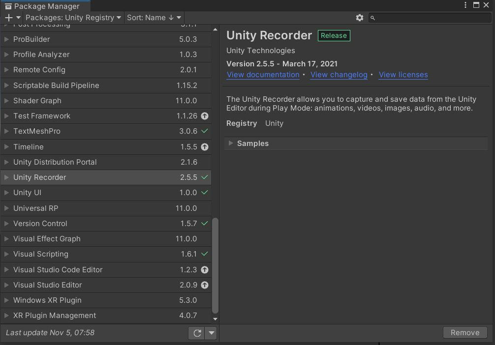Install Unity recorder from package manager