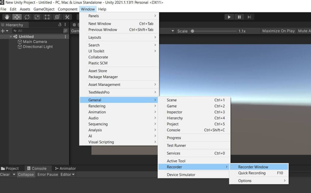 Menu placement of Unity recorder