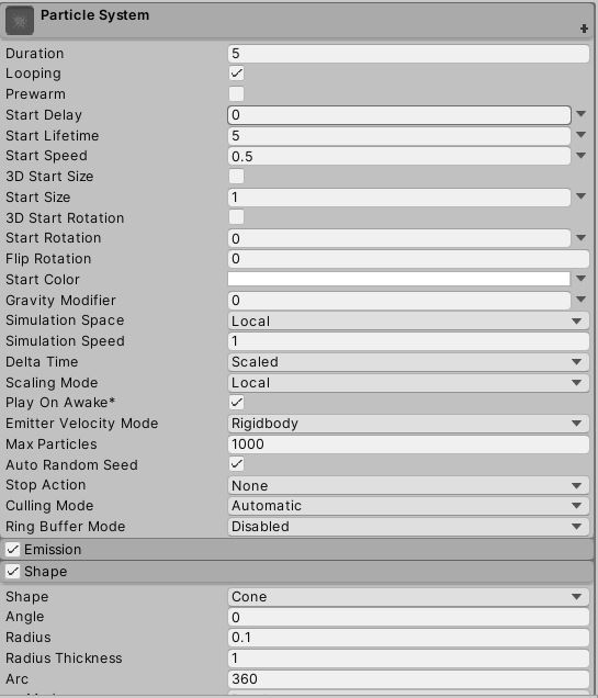 particle system setting in inspector