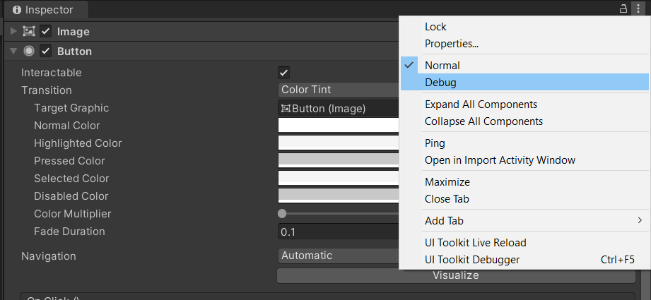 Selecting debug mode in Unity inspector