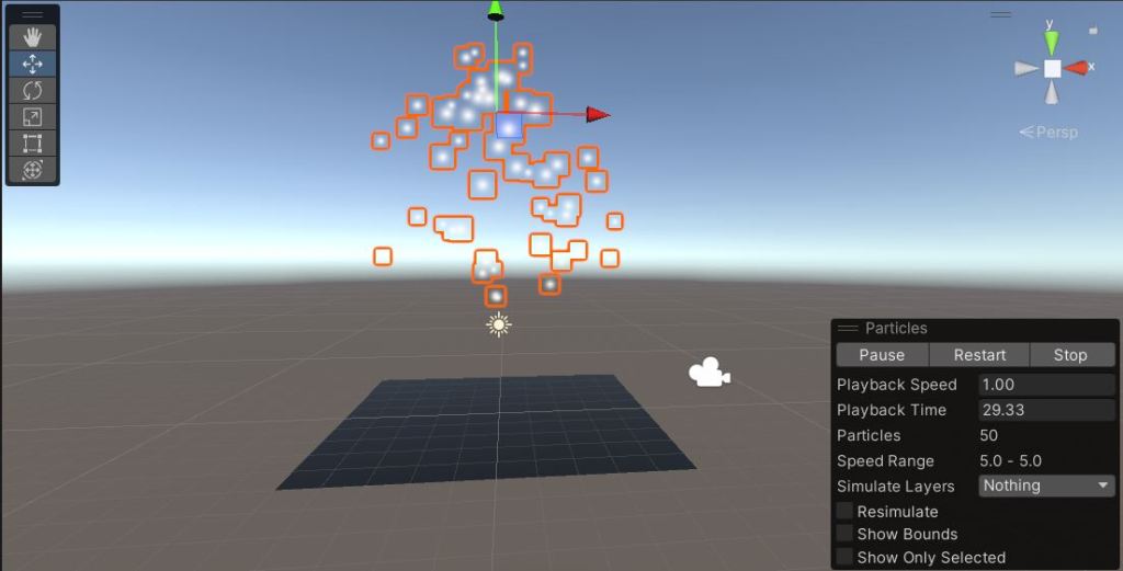 Unity scene with a plane and a particle system.