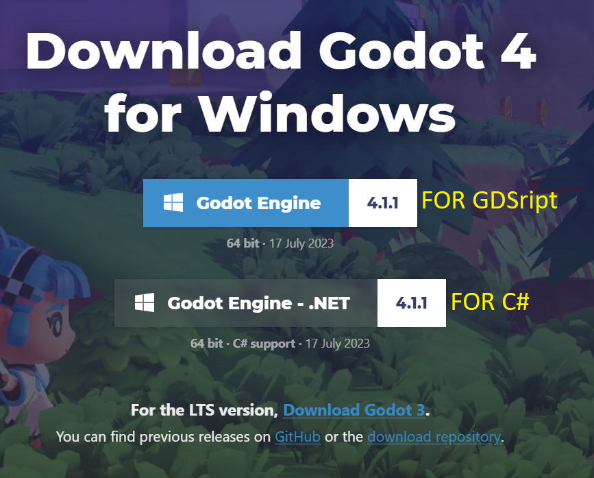 Different Godot versions available to download