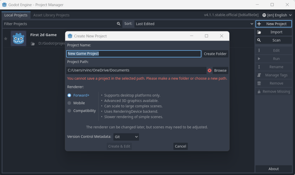 Creating a new project in Godot