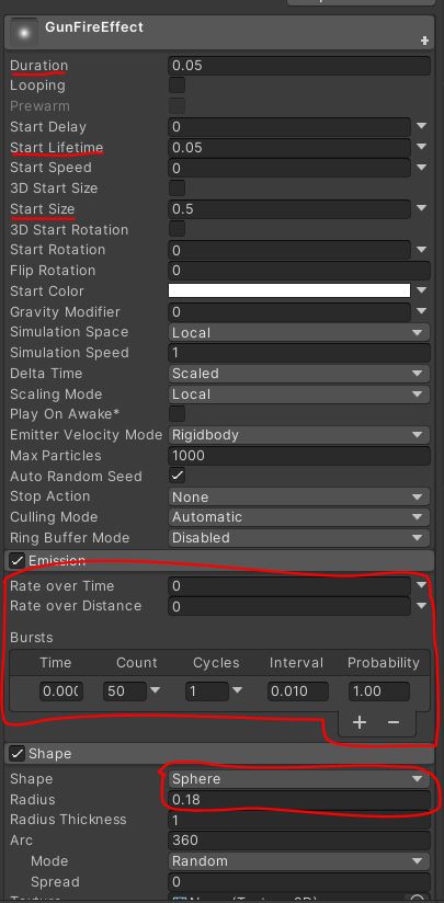 particle system settings for a gun fire effect.