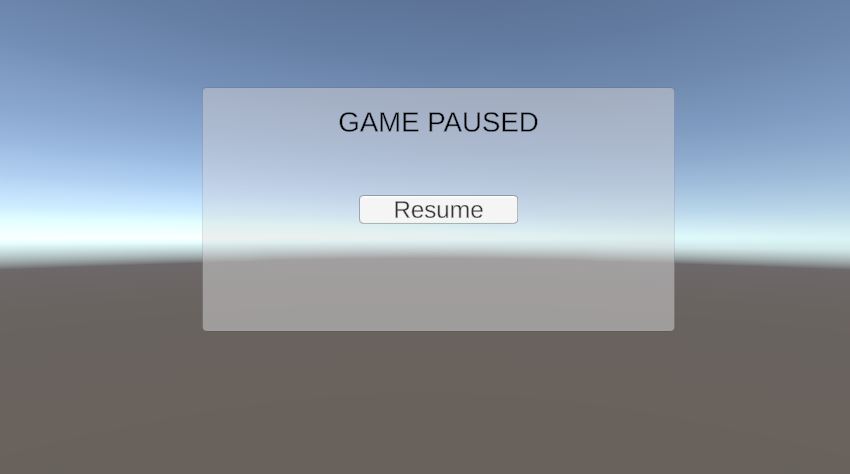 Pause menu panel with a text and resume button