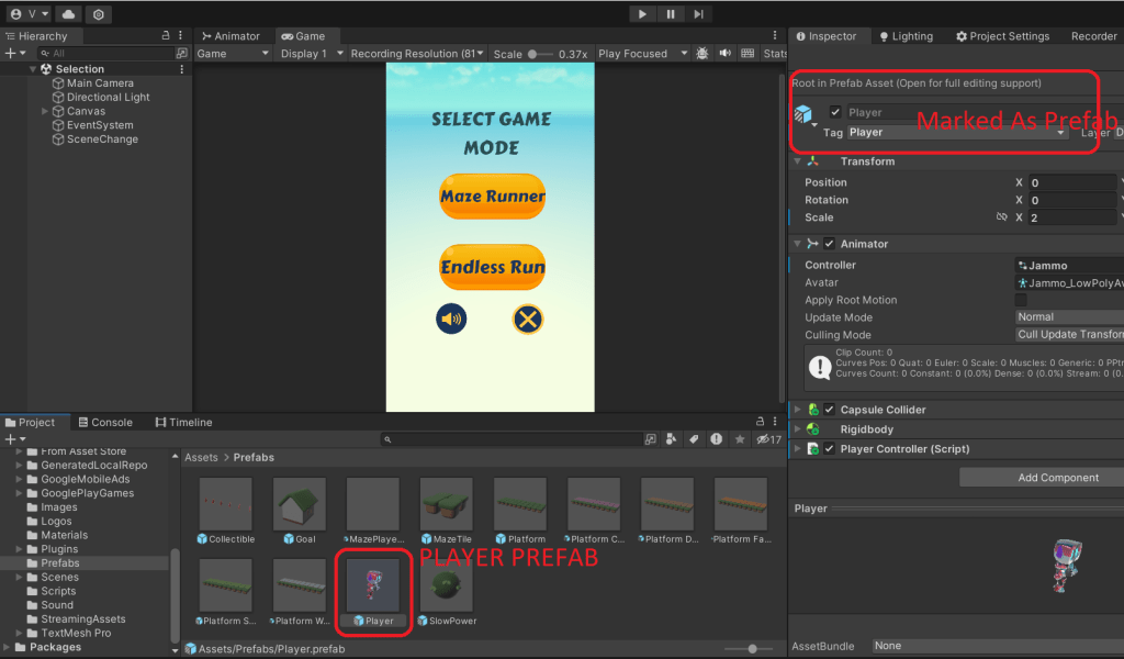 Player prefab selected in project window inside Unity Editor