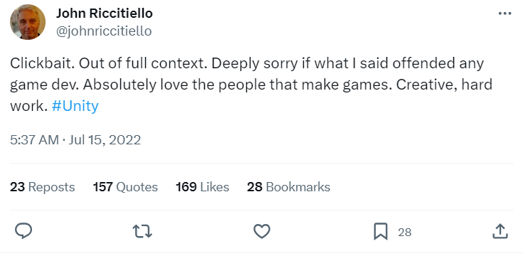 Unity CEO apologizes to Unity developers.