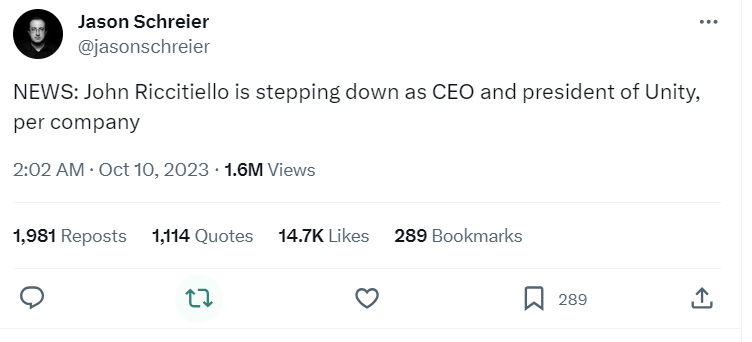 Tweet from Jason Schreier about Unity CEO stepping down.