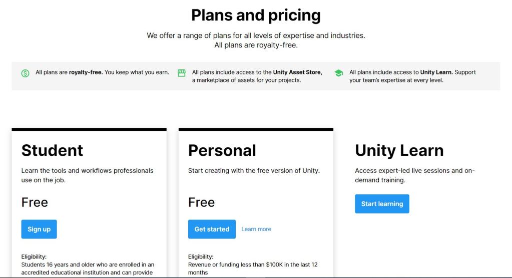 Unity plans and pricing