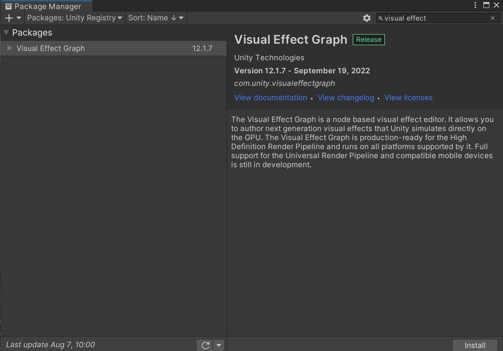 Adding VFX graph package